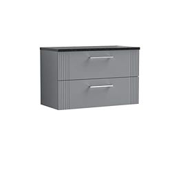 nuie DPF295LSB Deco Modern Bathroom Wall Hung 2 Drawer Part Fluted Vanity Basin Unit with Laminate Black Sparkle Worktop, 800mm, Satin Grey