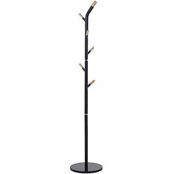 DRW Perchero de Suelo con 6 pomos de Metal y Madera con Base marmol en Negro y Natural 34x34x172 cm