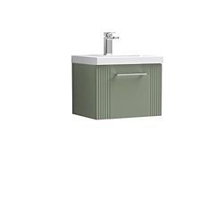 nuie DPF891A Deco Modern Bathroom Wall Hung 1 Drawer Part Fluted Vanity Unit with Mid-Edge Ceramic Basin, Satin Green