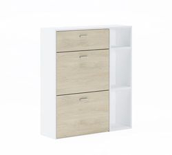 Skraut Home | Armario Zapatero | 102 x 90 x 26 cm | Capacidad para 12 Pares de Zapatos | 2 Puertas Basculantes + 1 Cajón | Modelo Wind | Acabado Blanco/Roble