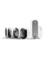 Arlo Pro 5 Telecamera WiFi Esterno Senza Fili, Visione Notturna Colori, Prova Inclusa Secure, 4 Telecamere, Bianche & Arlo Essential 2K Videocitofono + Campanello Chime, Citofono Smart, Sirena, Bianco