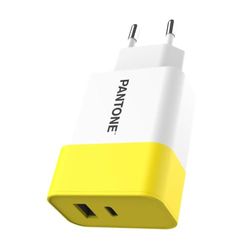 Celly, Caricabatterie da Rete Pantone, Carica Fino a 2 Dispositivi, con 1 Porta USB-A e 1 Porta USB-C e Tecnologia Power Delivery, Compatibilità Universale, Ricarica Sicura e Veloce, Giallo