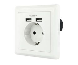 Base de Enchufe - Enchufe de Pared Tipo schuko con 2 Tomas USB, MAX. 2.4A, Color Blanco, Ideal para Cargar Dispositivos electrónicos.