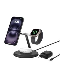 Belkin BoostCharge Pro Station de Recharge 3-en-1 avec Qi2 (15 W, MagSafe, pour Tous Les modèles de l'iPhone 16, 15, 14 et 13, Les AirPods, l'Apple Watch, etc., Adaptateur Secteur Inclus, Noire)