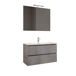 MaMa Store Atena 60 Meuble de Salle de Bain Suspendu 60 cm, Finition avec Deux tiroirs, lavabo en céramique, Miroir à Fil Brillant et Lampe LED, Bois ingéniérisé, Gris béton Clair, Simple