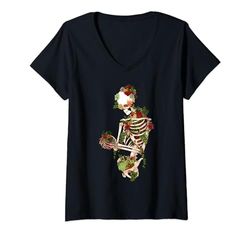 Mujer Fresco Esqueleto Planta Naturaleza Floral Flor Gó Camiseta Cuello V