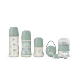 Suavinex, Premium set voor pasgeborenen, 150 ml/270 ml/360 ml + fopspeen 0-6 maanden met fysieke speen SX Pro + melkdispenser, duo fopspeenhouder + clipsluiting, groen