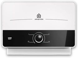 Ariston Aures SM - Termo Electrico Vertical Instantáneo, Calentador de Agua Electrico Instantaneo con Tamaño Reducido, 17,8x30,4x9,8 cm - Fabricado para Instalación en España, Color Blanco/Negro