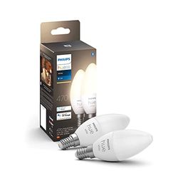 Philips Hue White Candela Smart LED, Attacco E14, 5.5W, Luce Bianca Calda, Dimmerabile, Controllo con Bluetooth e Hue App, Funziona con Alexa, Google Assistant e Apple HomeKit, pack da 2