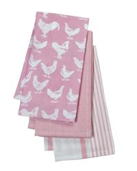 Pink Pantry Set Of 3 Hen & Cockerel Tea Towels 45 X65Cm