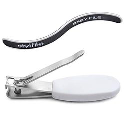 STYLFILE Nipper Clipper met veiligheidsspionagegat en gebogen baby S-bestand - roestvrij staal peuter manicureset ontworpen voor baby's kleine nagels wit