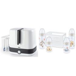 NUK 10251013 Vario Express Ångsterilisator 3-i-1 Modulär för upp till 6 Barnflaskor, Vit & NUK First Choice+ startset med nappflaskor | 0–6 månader | 4 nappflaskor med temperaturkontroll | 5 delar