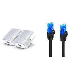 TP-Link TL-PA4010 Kit Powerline, AV600 Mbps Su Powerline, 1 Porta Ethernet, Plug And Play, Bianco & Ewent EW-5U-020BL Cavo di Rete, Patch CAT 5e U/UTP, AWG 26/7, 2 Connettori RJ86, Nero, 2 m, 1 Pezzo