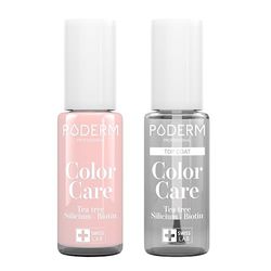 PODERM - LOT 2 PRODUITS | SOIN VERNIS PROFESSIONNEL | Top Coat Brillant Longue Tenue + Vernis ROSE Tea Tree | Prévention & Traitement des Ongles Jaunes/Abîmés | SOIGNE & COLORE | Swiss Made