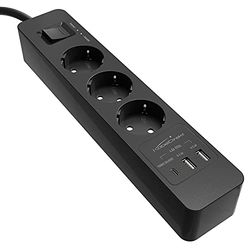 KabelDirekt – Listwa zasilająca z 3 gniazdami wtykowymi (USB, Power Delivery 3.0, ładuje w zależności od urządzenia do 3× szybciej, zabezpieczenie przed przepięciami, sprawdzony przez TÜV, czarny)