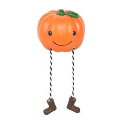 Cute Smiling Pumpkin Shelf Sitter Ornament – Whimsical Halloween Decor with Striped Legs, Cheerful Resin Pumpkin for Mantels, Shelves, and Windowsills