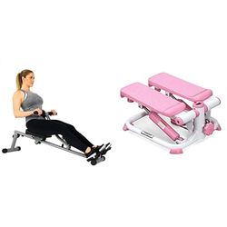 Sunny Health & Fitness SF-RW1205 12 Adjustable Resistance Rowing Machine Rower w/Digital Monitor + Exercise Stepping Machine, Portable Mini Stair Stepper for Home or Office