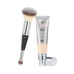 IT Cosmetics, Lot de 2 produits, Crème CC+ Anti-Âge Your Skin But Better, Haute Couvrance, Waterproof, Fini Naturel, 32 ml, Teinte Fair Light + Heavenly Luxe 7, Pinceau Double Embout