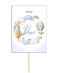 Segnatavolo battesimo mongolfiere azzurre bimbo - cartolina tavolo battesimo
