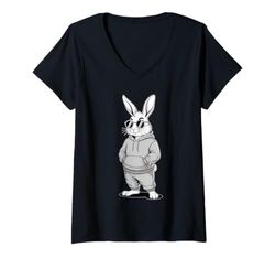 Donna Bunny With Sunglasses And Hoodie Happy Easter Day Bunny Face Maglietta con Collo a V