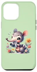 Custodia per iPhone 12 Pro Max Simpatico animale che tiene la macchina fotografica tra i fiori su un verde