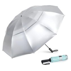 G4Free Ombrello da golf da 157 cm, compatto, invertito, parasole da viaggio, 10 costole, antivento per pioggia, doppio tetto, apertura e chiusura automatica (argento/blu marino)
