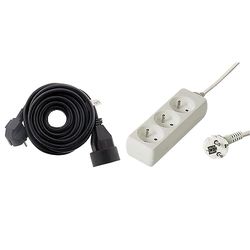 Prolongateur 16A 2P+T HO5VV-F 3G1,5mm² Noir 5m & PremiumCord Multiprise 3m, 3 Prises, Rallonge 230V, 3 Prises Françaises Orientables à 45°, Multiprise de Qualité avec Sécurité Enfant, Couleur Blanc