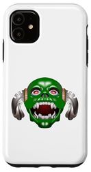 Custodia per iPhone 11 T-shirt spaventosa con testa di mostro verde con corna in metallo denti vampiro