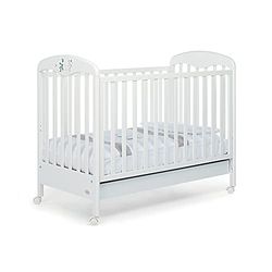 Foppapedretti Kinderbed met verstelbaar zijpaneel voor kleine vrienden, beukenhout, gemaakt in Italië, lattenbodem van beukenhout, grote lade, verstelbaar tot dubbele hoogte, 4 wielen, 131 x 71 x 105