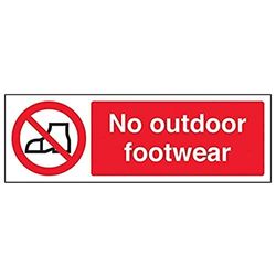 VSafety 58015AX-S "No Outdoor Footwear" förbud vattenskylt, självhäftande, landskap, 300 mm x 100 mm, svart/röd