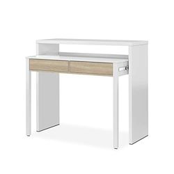 duehome | Zira, Escritorio Consola, Mesa Estudio, Consola Extensible, Acabado en Blanco Artik y Roble Canadian, Medidas: 98,5 cm (Largo) x 30-66 cm (Fondo) x 87,5 cm (Alto)