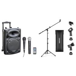 Ibiza - PORT10VHF-BT - Altavoz portátil 10"/500W MAX con 2 micrófonos (con Cable y VHF) & CAHAYA Soporte de Micrófono con Brazo con Dos Pinzas para Microfonos Pie de Micrófono Plegable