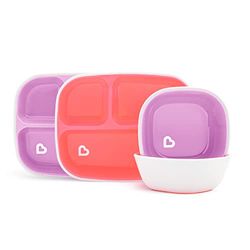 Munchkin Conjunto de sala de jantar Splash de 4 peças para crianças, conjunto de alimentação para bebé com 2 pratos e 2 tigelas, conjunto para 6 meses, livre de BPA, rosa / roxo
