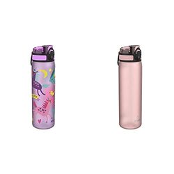 ion8 Botella Agua, Sin Fugas, Sin BPA, Unicornios, 600 ml + Botella Agua, Sin Fugas, Sin BPA, 500ml, Rosa