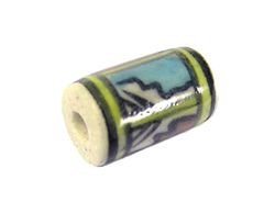 INNSPIRO Perle céramique cylindre émaillé blanc avec dessin jaune, bleu et vert diam. 10,5x16mm. 50u.