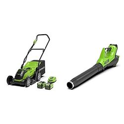 Greenworks - Cortacésped G40LM35 y soplador de hojas G40AB, Li-Ion 40V 35cm ancho corte 500 m², 40l recolector césped 177 km/h velocidad del aire control de velocidad con 2 baterías 2Ah y cargador