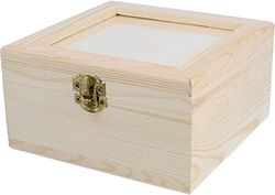Massief grenenhout, vierkant, met plexiglas, 16 x 16 x 8,5 cm.