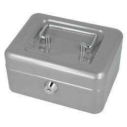 Westcott Caja de efectivo con cerradura (compacta, 15 cm) plata | Caja con cerradura de chapa de acero con 2 llaves | Inserto extraíble para monedas con 6 compartimentos | E-51000 SILVER