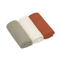 LÄSSIG Bébé Couverture de puériculture Drap de puériculture Lot de 3 en coton 60 x 60 cm/Swaddle & Burp Blanket M olive/milky/rust