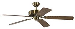 Potkuri Plafondventilator zonder verlichting, behuizing messing antiek, omkeerbare vleugels eiken of eiken met rotaninzet, 132 cm, voor ruimtes tot 25 m²
