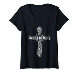 Mujer Jesús es rey Fe religiosa Cristiano Hacer el Cielo Lleno Camiseta Cuello V