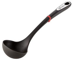 Lagostina Ingenio Smart - Cucharón de silicona con revestimiento antiarañazos y mango ergonómico a mano de plástico, lavable en lavavajillas, negro y rojo