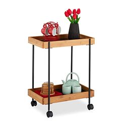 Relaxdays 10027599 Serving Trolley, Tea Station with 2 Tiers, Bamboo & Iron, Side Table on Casters, 57x46x28 cm, Natural/Black, MDF Boards