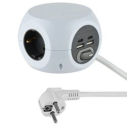 Electraline 62078 Extensão de alimentação mini cubo de 3 vias com 4 17 W (2 tipos C compatíveis com a mais recente tecnologia 2 USB A 3.4A Q.C) com interruptor, cabo de 1,5 m