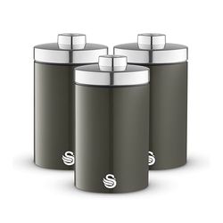 Swan SWKA18530GRP Townhouse Set of 3 Kitchen Storage Canisters for Tea, Coffee, and Sugar with Pull Chrome Handles, Airtight Lids, Colour Coated Iron and Chrome Accents, 1.6L, Graphite Grey