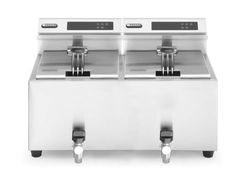 HENDI Freidora eléctrica digital, ajustable de 25°C a 195°C, termostato de seguridad, zona fría, con tapa y cesta de freír, grifo de drenaje, 2x8L, 230V, 3500W, 605x515x(H)345mm,acero inoxidable 18/0