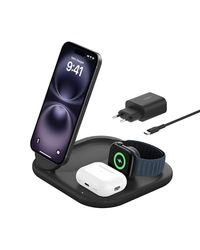 Belkin BoostCharge Caricabatteria magnetico pieghevole 3 in 1 con Qi2 da 15 W, caricatore rapido MagSafe per Apple iPhone 16/15, Apple Watch ed AirPods, base antiscivolo, alimentatore incluso, Nero
