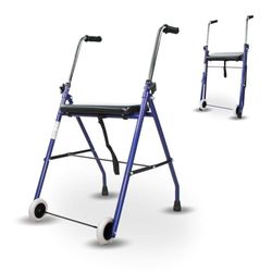 Mobiclinic®, Déambulateur, Pliable, Emérita, Réglable, Robuste, Avec Siège et 2 Roues, Acier, Poignées Ergonomiques, Léger, Bleu