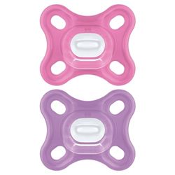 MAM Chupete Todo Silicona, 0-3 Meses, con Tetina Simétrica, Extra Pequeña y Cuello Delgado de Silicona Skin Soft Silicone de Fácil Aceptación, con Caja Autoesterilizadora, MAM Comfort, Rosa, 2uds