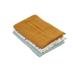 Domiva - Set of 3 cotton gauze cloths: 1 printed + 2 plain caramel green 60 x 60 cm, 1 print + 2 plain caramel green